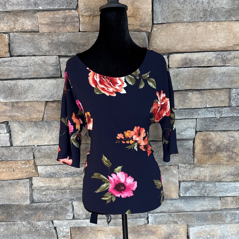 WEST KEI- 3/4 Length Sleeve Navy with Florals and Decorative Tie